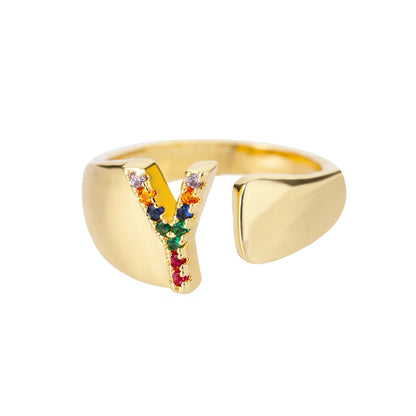 Rainbow Zircon Letter Rings For Women Fashion Chunky Wide Letter A-Z Stainless Steel Ring Wedding Boho Jewelry Gift 2024 - 02ALABA