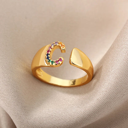 Rainbow Zircon Letter Rings For Women Fashion Chunky Wide Letter A-Z Stainless Steel Ring Wedding Boho Jewelry Gift 2024