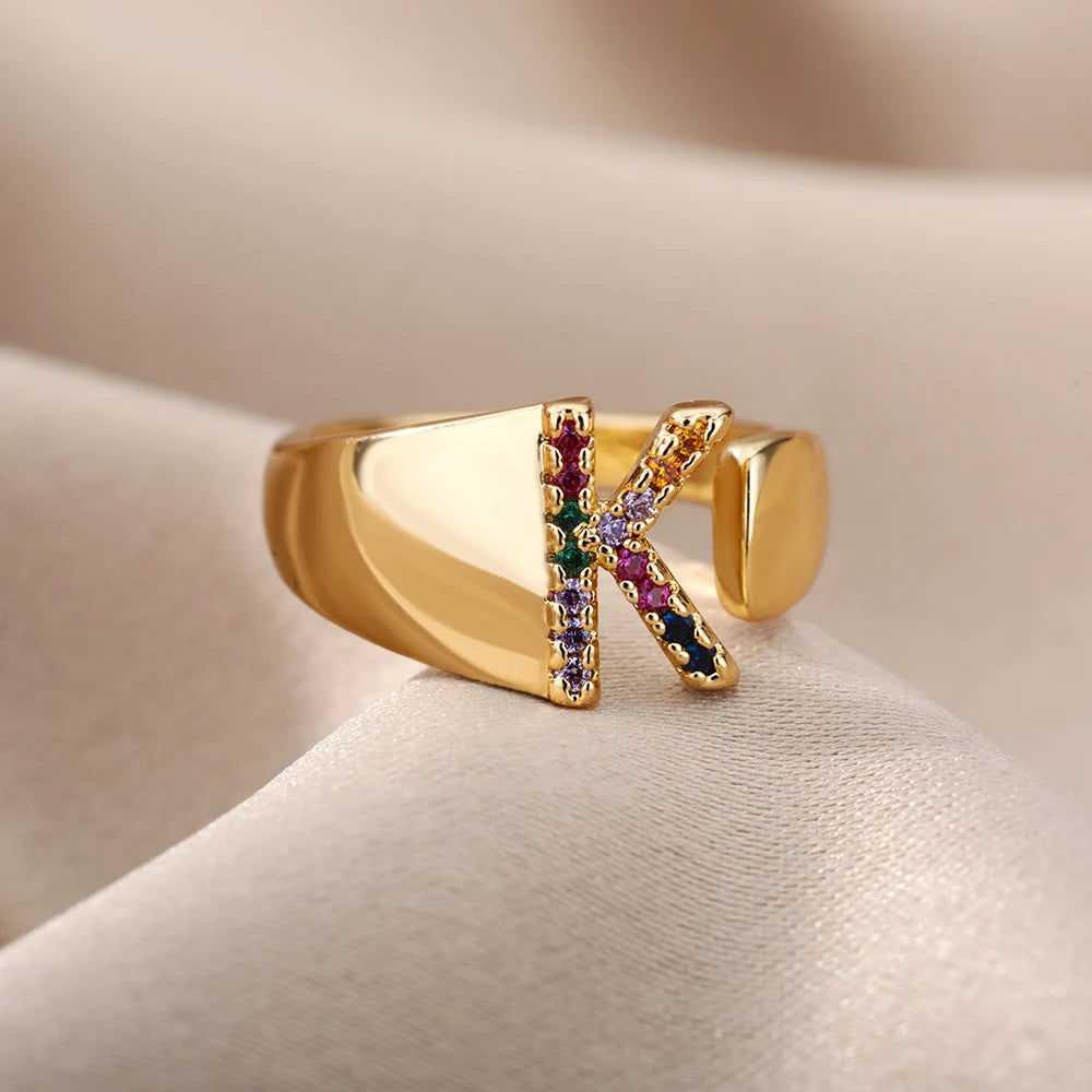 Rainbow Zircon Letter Rings For Women Fashion Chunky Wide Letter A-Z Stainless Steel Ring Wedding Boho Jewelry Gift 2024 - 02ALABA