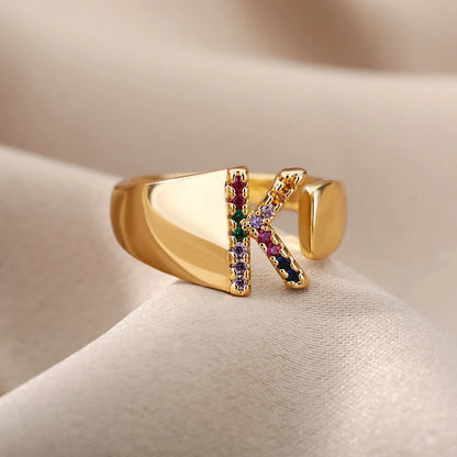 Rainbow Zircon Letter Rings For Women Fashion Chunky Wide Letter A-Z Stainless Steel Ring Wedding Boho Jewelry Gift 2024 - 02ALABA