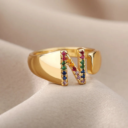 Rainbow Zircon Letter Rings For Women Fashion Chunky Wide Letter A-Z Stainless Steel Ring Wedding Boho Jewelry Gift 2024