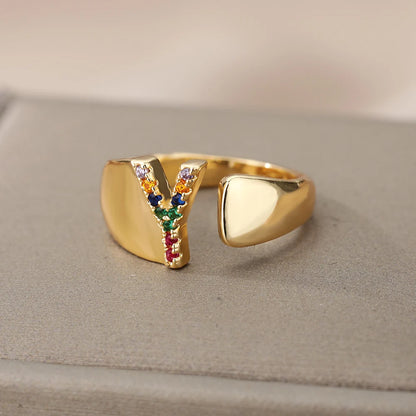 Rainbow Zircon Letter Rings For Women Fashion Chunky Wide Letter A-Z Stainless Steel Ring Wedding Boho Jewelry Gift 2024