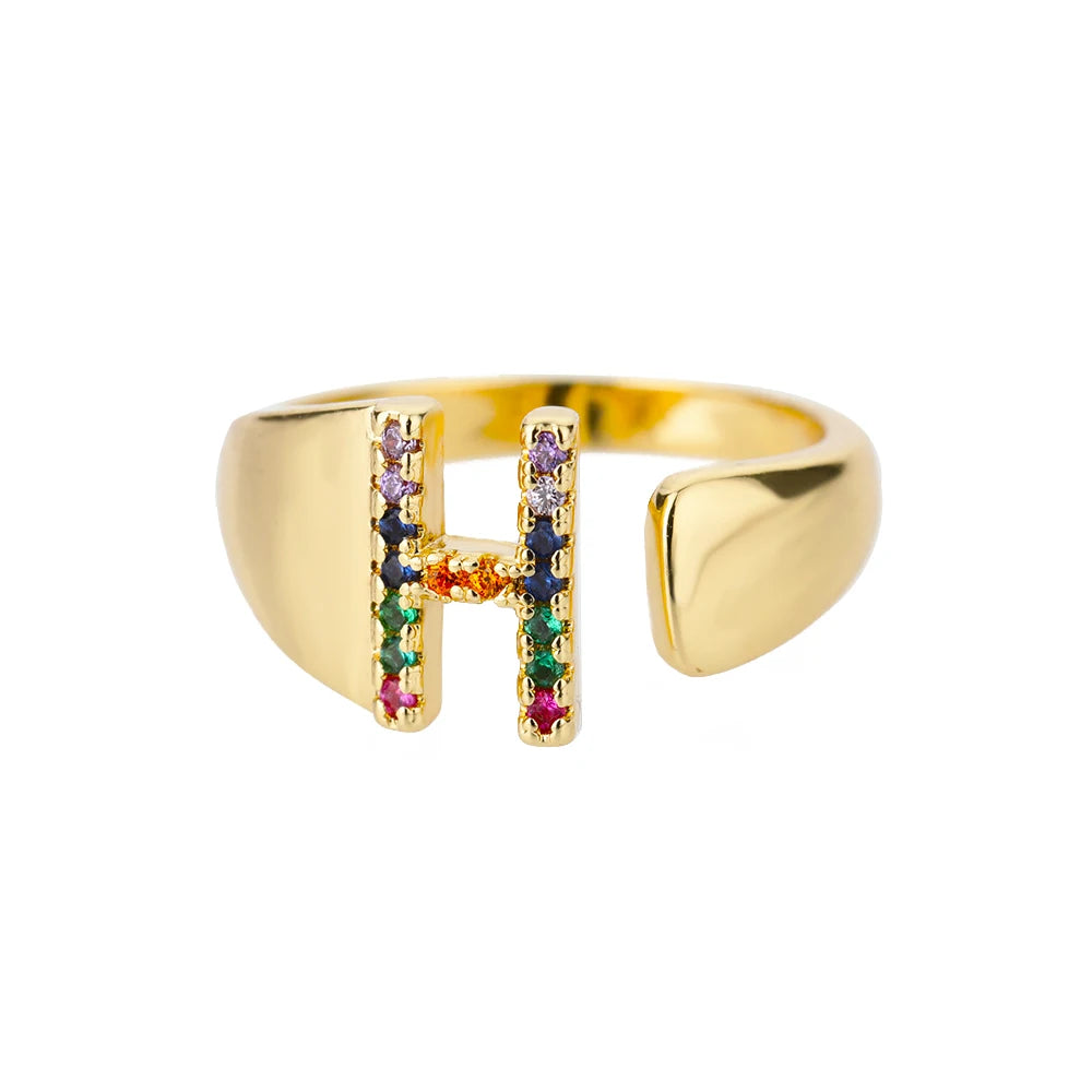 Rainbow Zircon Letter Rings For Women Fashion Chunky Wide Letter A-Z Stainless Steel Ring Wedding Boho Jewelry Gift 2024 - 02ALABA