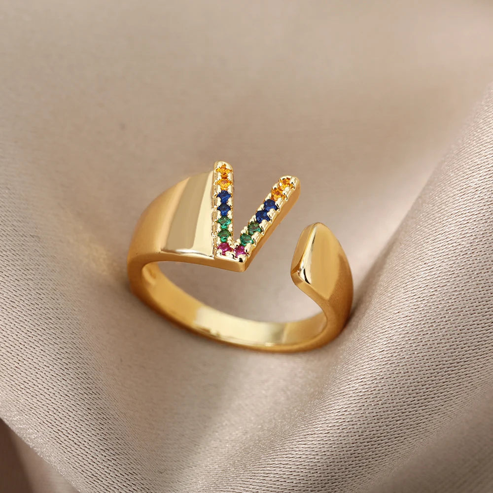 Rainbow Zircon Letter Rings For Women Fashion Chunky Wide Letter A-Z Stainless Steel Ring Wedding Boho Jewelry Gift 2024