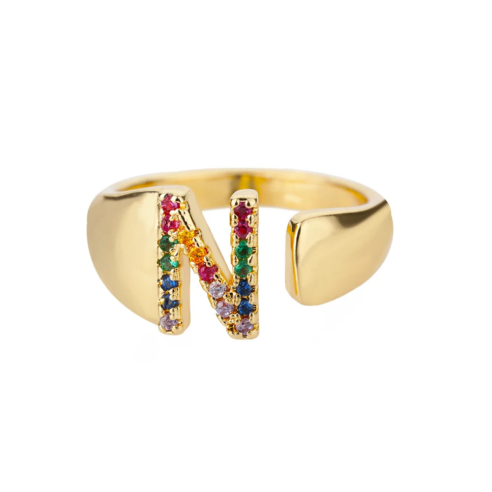 Rainbow Zircon Letter Rings For Women Fashion Chunky Wide Letter A-Z Stainless Steel Ring Wedding Boho Jewelry Gift 2024 - 02ALABA