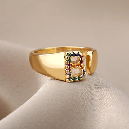 Rainbow Zircon Letter Rings For Women Fashion Chunky Wide Letter A-Z Stainless Steel Ring Wedding Boho Jewelry Gift 2024