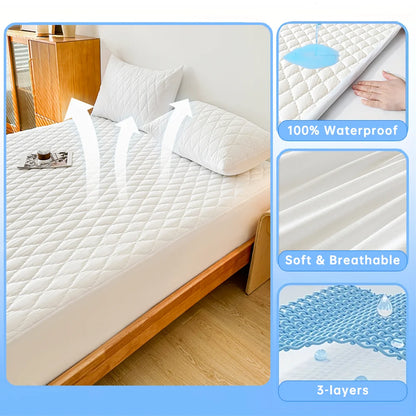 Waterproof Throw Mattress Cover, Bed Fitted Sheet, Mattress Protector in Single/Double/140/160 Multiple Sizes, Available in Gray/White - 02ALABA
