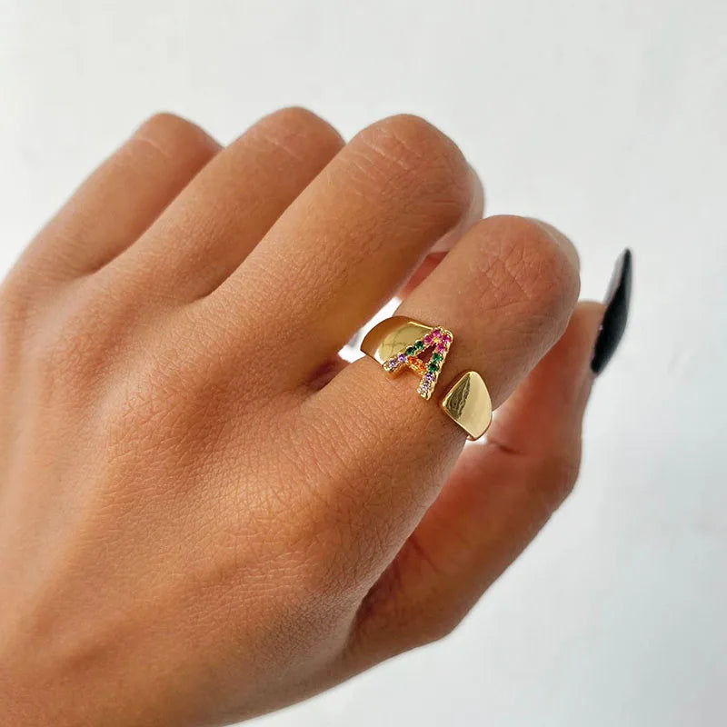 Rainbow Zircon Letter Rings For Women Fashion Chunky Wide Letter A-Z Stainless Steel Ring Wedding Boho Jewelry Gift 2024 - 02ALABA