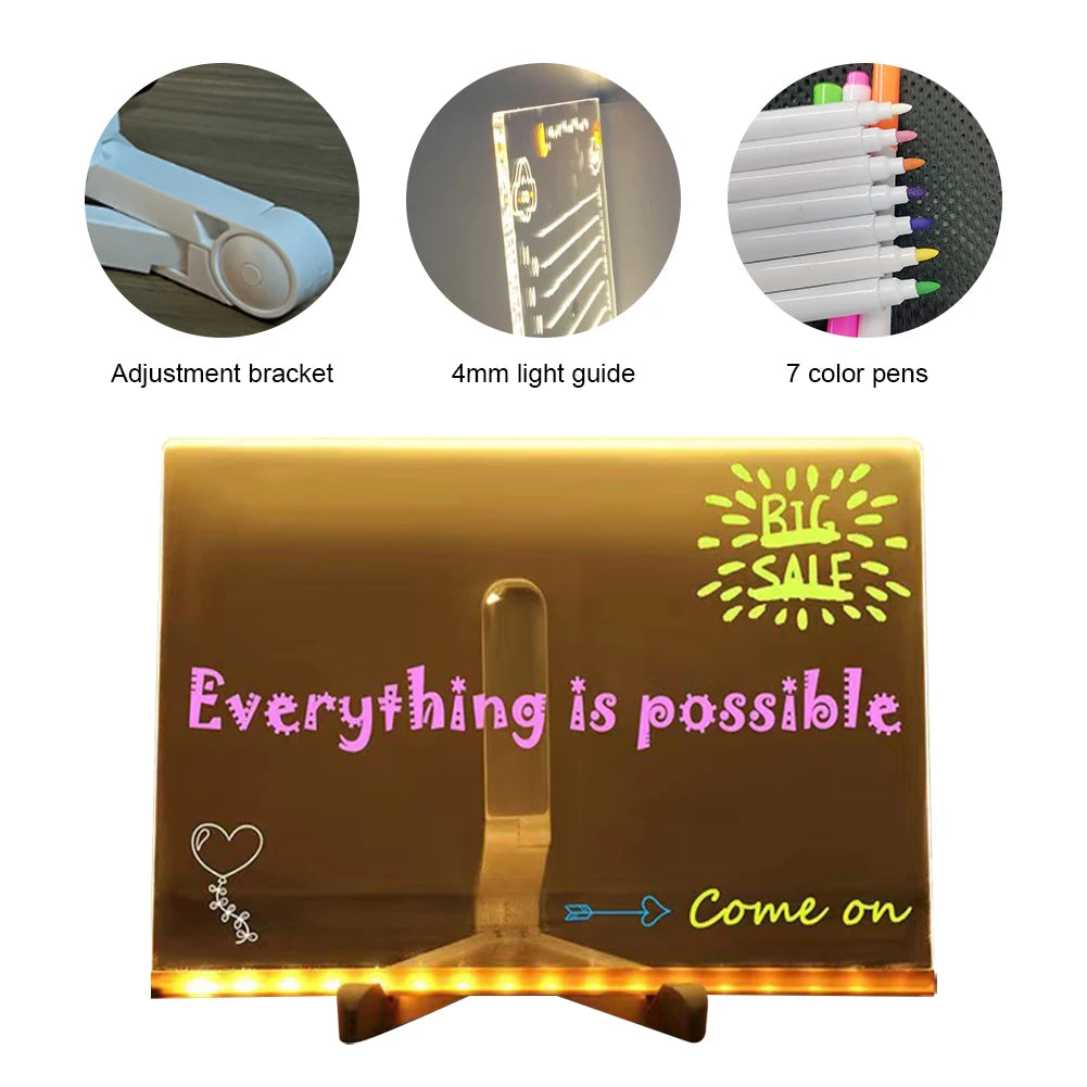 Light Up Acrylic Message Board Rewritable DIY Children's Glowing Drawing Board Message Lamp With 7 Colorful Pens