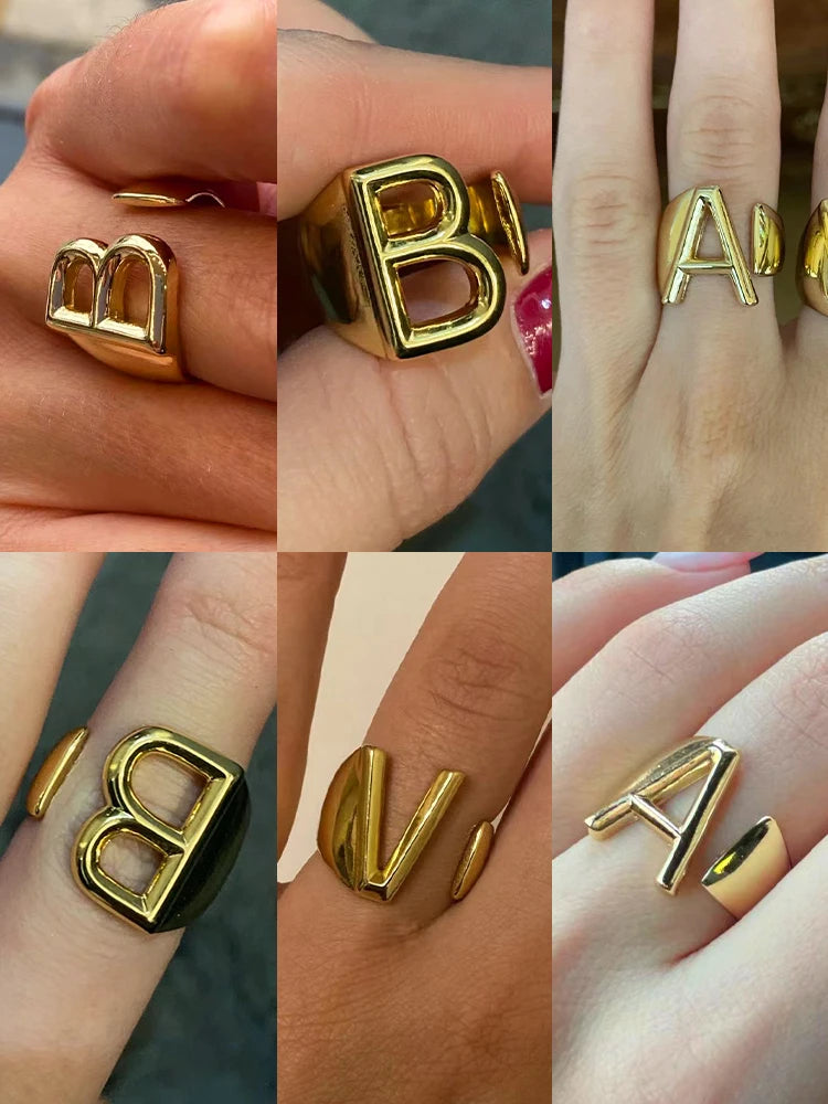 Fashion Stainless Steel Ring Letter Initial Ring Letter Rings For Women Men Open Ring Couple Alphabet Bijoux Femme Jewelry Gift - 02ALABA