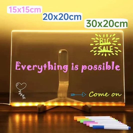 Light Up Acrylic Message Board Rewritable DIY Children's Glowing Drawing Board Message Lamp With 7 Colorful Pens