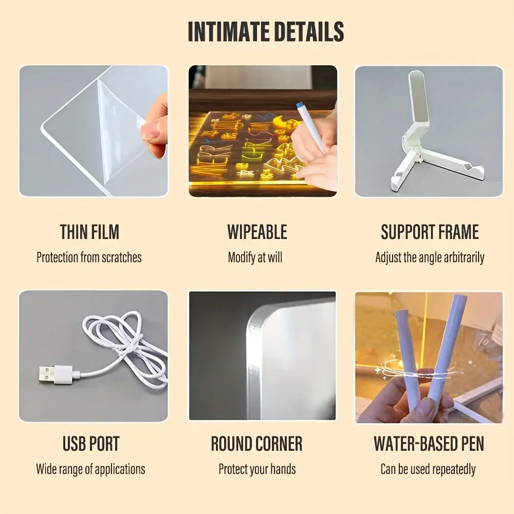 LED Note Board Night Light With Colorful 7 Pens DIY Acrylic Message Board Erasable Painting Drawing Board For Kids Birthday Gift