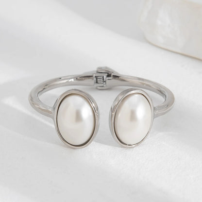 Salircon Unique Design Irregular Geometric Metal Bangles for Women Elegant Classic Oval Imitation Pearl Open Bracelets Jewelry