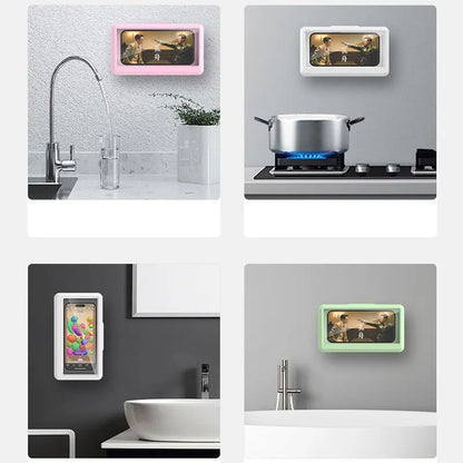 Bathroom Waterproof Phone Holder Home Wall Phone Case Stand Box Self-adhesive Touch Screen Phone Bracket Shower Sealing Storage - 02ALABA