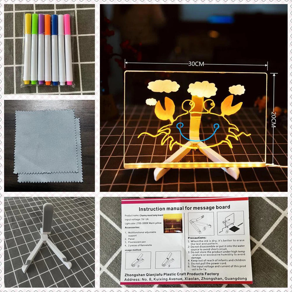 LED Note Board Night Light With Colorful 7 Pens DIY Acrylic Message Board Erasable Painting Drawing Board For Kids Birthday Gift