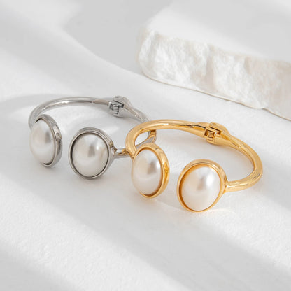 Salircon Unique Design Irregular Geometric Metal Bangles for Women Elegant Classic Oval Imitation Pearl Open Bracelets Jewelry