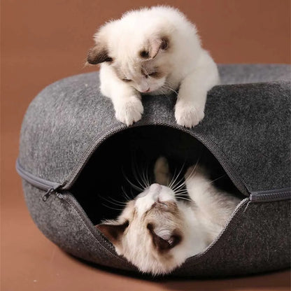 Donut Cat Tunnel Bed: Natural Felt Pet House and Interactive Play Cave for Cats and Small Dogs - 02ALABA
