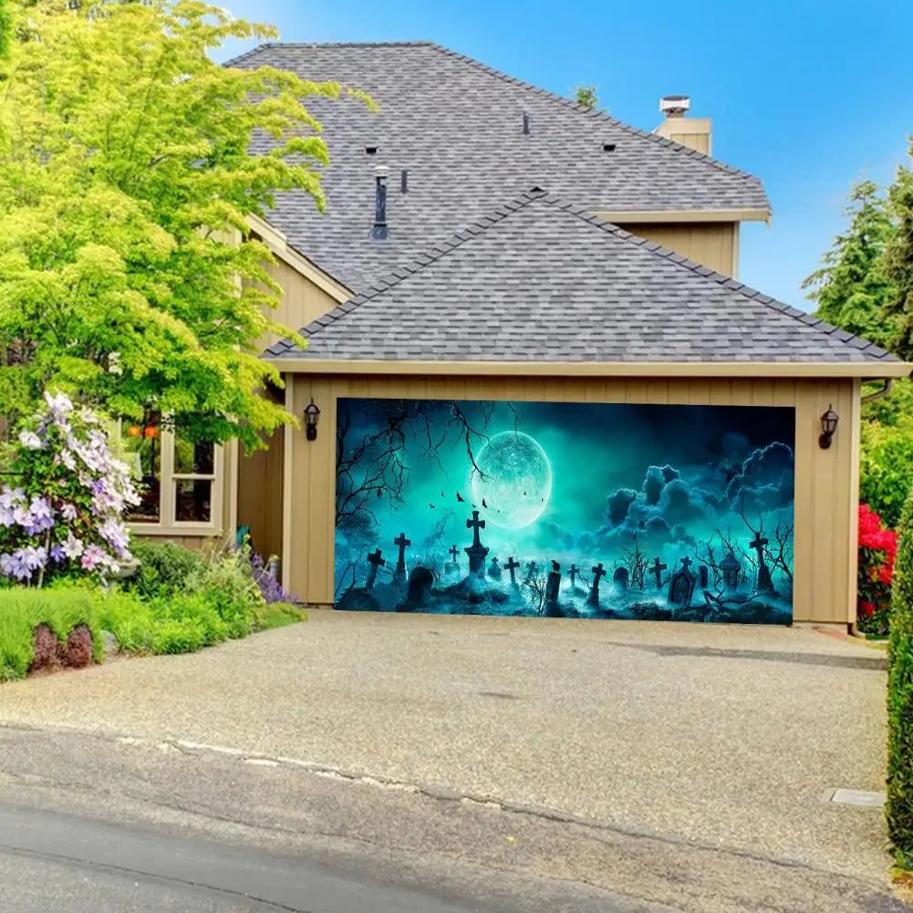 Halloween Witch Garage Door Tapestry - Spooky, Haunted House Decoration Set with easy Installation Package - 02ALABA