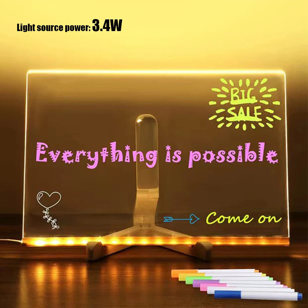 Light Up Acrylic Message Board Rewritable DIY Children's Glowing Drawing Board Message Lamp With 7 Colorful Pens