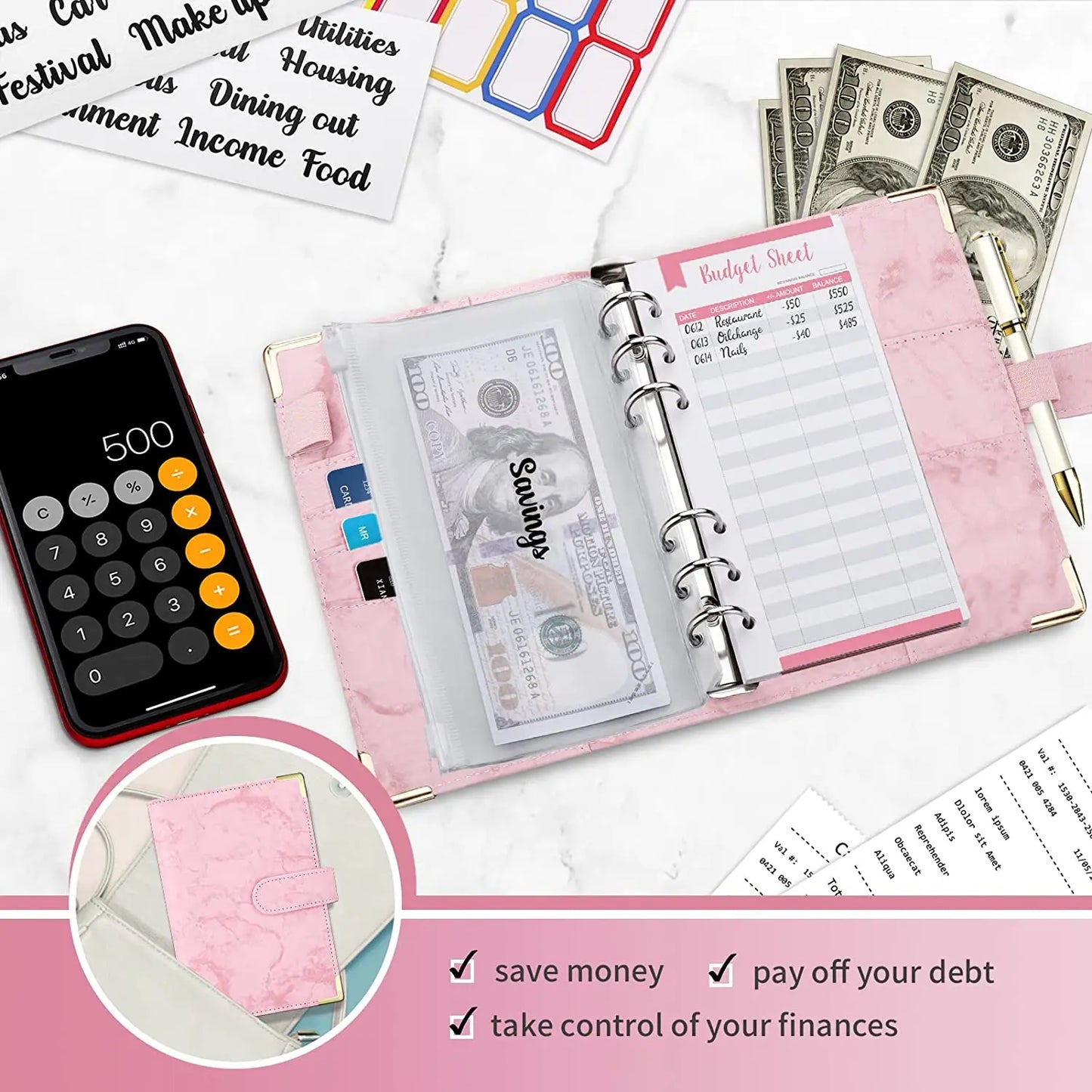 A6 Money Saving Organizer PU Leather Budget Binder Marble Notebook Budgets Planner 2023 Envelope Office School Supplies