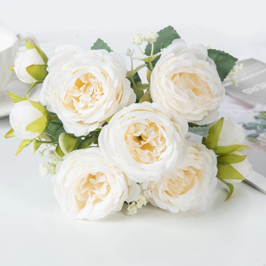 Artificial Flowers Fake Silk White Peonies Used for Home Room Vase Decoration Christmas Wreath Wedding Bouquet Party Accessories