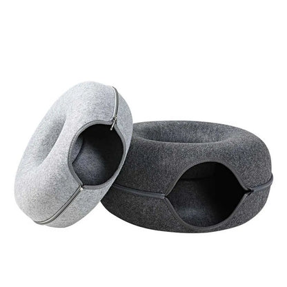 Donut Cat Tunnel Bed: Natural Felt Pet House and Interactive Play Cave for Cats and Small Dogs