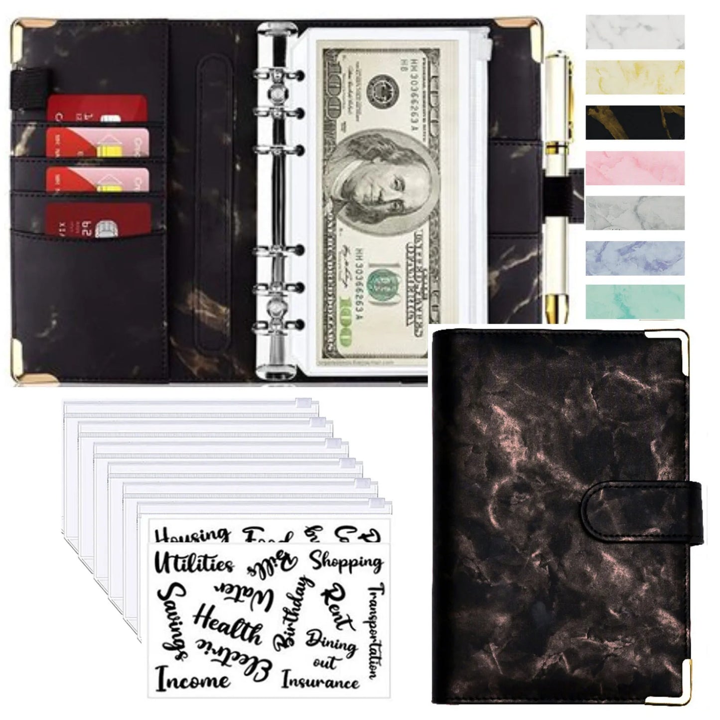 A6 Money Saving Organizer PU Leather Budget Binder Marble Notebook Budgets Planner 2023 Envelope Office School Supplies
