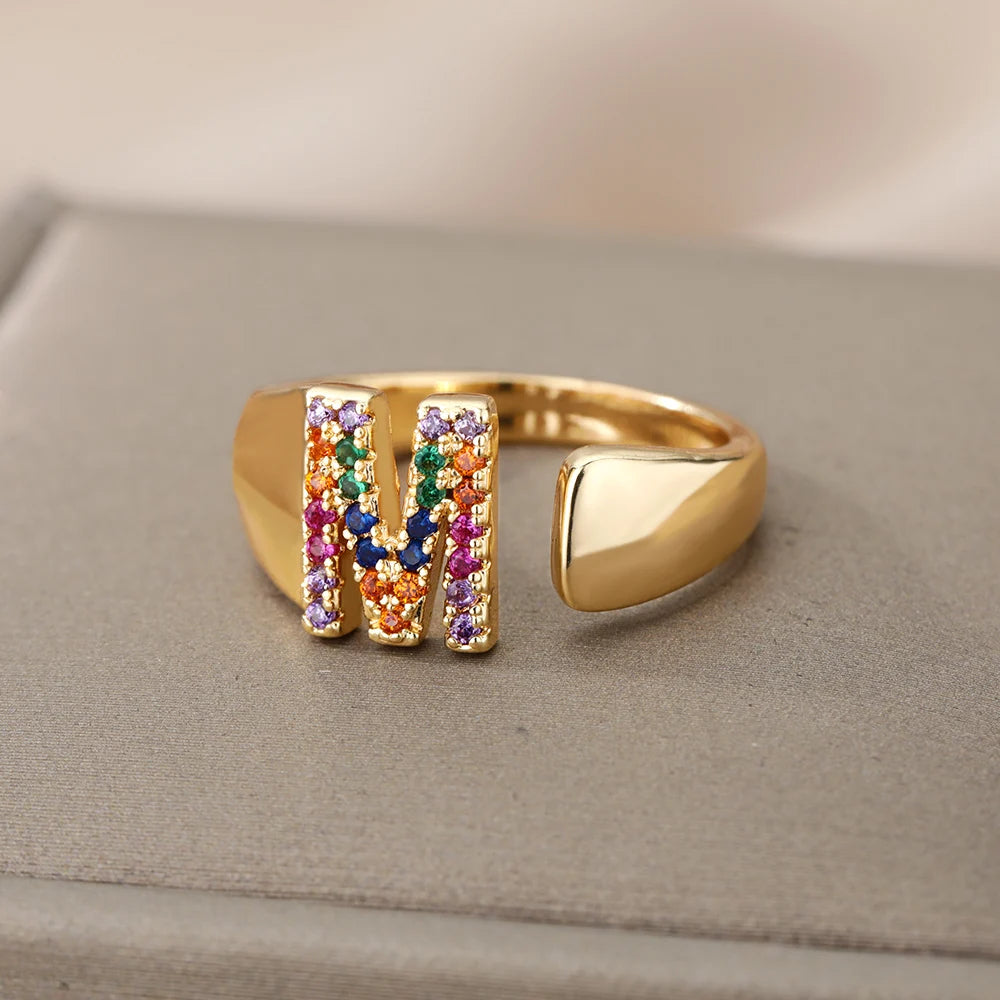 Rainbow Zircon Letter Rings For Women Fashion Chunky Wide Letter A-Z Stainless Steel Ring Wedding Boho Jewelry Gift 2024 - 02ALABA