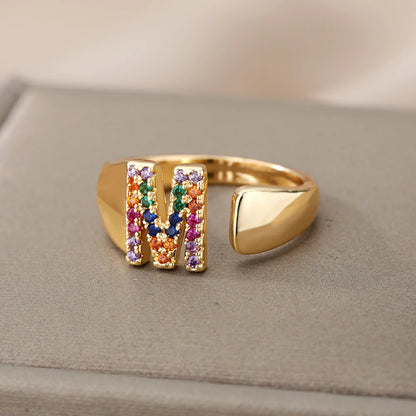 Rainbow Zircon Letter Rings For Women Fashion Chunky Wide Letter A-Z Stainless Steel Ring Wedding Boho Jewelry Gift 2024 - 02ALABA