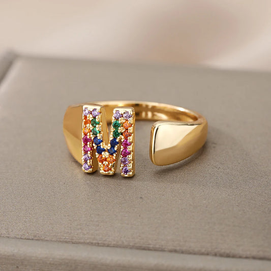 Rainbow Zircon Letter Rings For Women Fashion Chunky Wide Letter A-Z Stainless Steel Ring Wedding Boho Jewelry Gift 2024 - 02ALABA