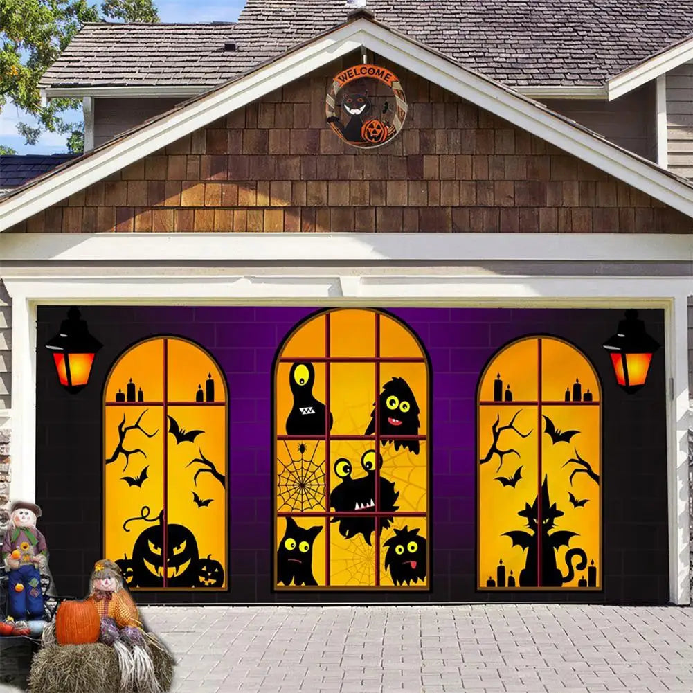 Halloween Witch Garage Door Tapestry - Spooky, Haunted House Decoration Set with easy Installation Package - 02ALABA