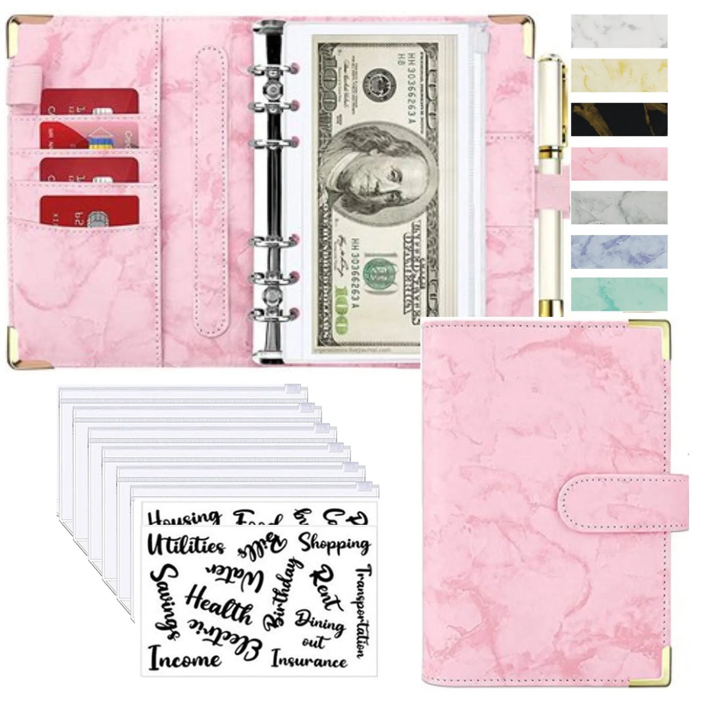 A6 Money Saving Organizer PU Leather Budget Binder Marble Notebook Budgets Planner 2023 Envelope Office School Supplies