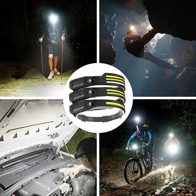 LED Headlamp Built-in Battery Sensor, Head Flashlight USB Rechargeable 5 Lighting Modes Waterproof Headlight - 02ALABA
