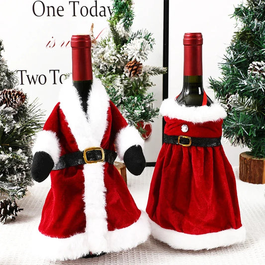 2024 Christmas Wine Bottle Cover Set, Golden Velvet Dress and Cap, Wine Bottle Bag Sleeve for Xmas and New Year Dinner Table Decoration. - 02ALABA