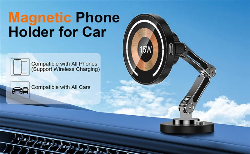 Magnetic Car Wireless Charger Stand, Magnet Car Mount, Fast Charging Station, Phone Holder Bracket for iPhone 15, 14, 13, 12 Pro Max - 02ALABA