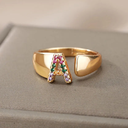 Rainbow Zircon Letter Rings For Women Fashion Chunky Wide Letter A-Z Stainless Steel Ring Wedding Boho Jewelry Gift 2024 - 02ALABA