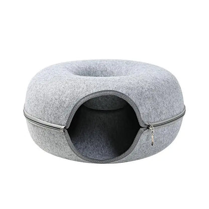 Donut Cat Tunnel Bed: Natural Felt Pet House and Interactive Play Cave for Cats and Small Dogs - 02ALABA