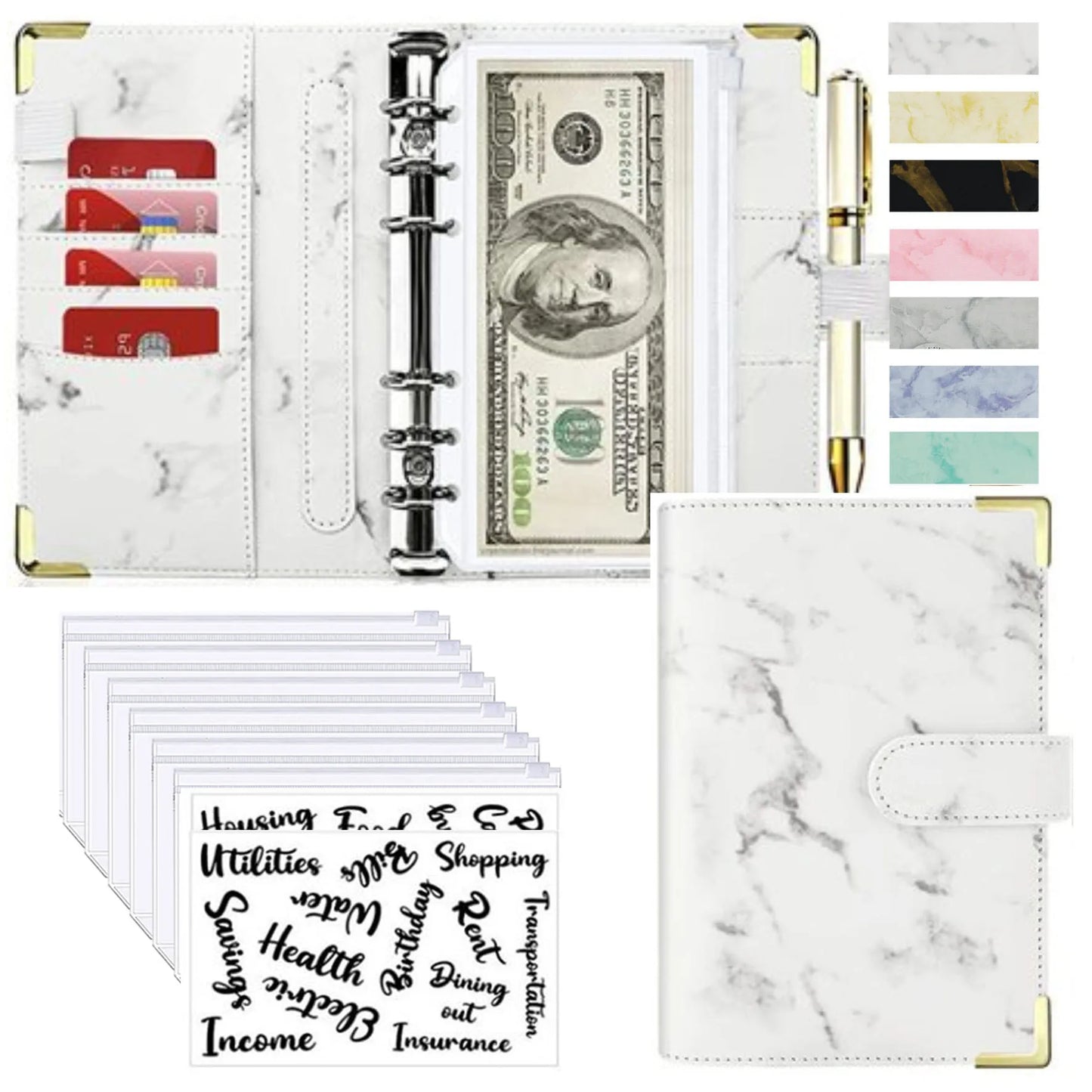 A6 Money Saving Organizer PU Leather Budget Binder Marble Notebook Budgets Planner 2023 Envelope Office School Supplies