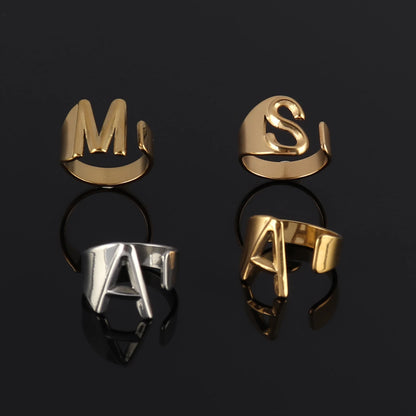 Fashion Stainless Steel Ring Letter Initial Ring Letter Rings For Women Men Open Ring Couple Alphabet Bijoux Femme Jewelry Gift
