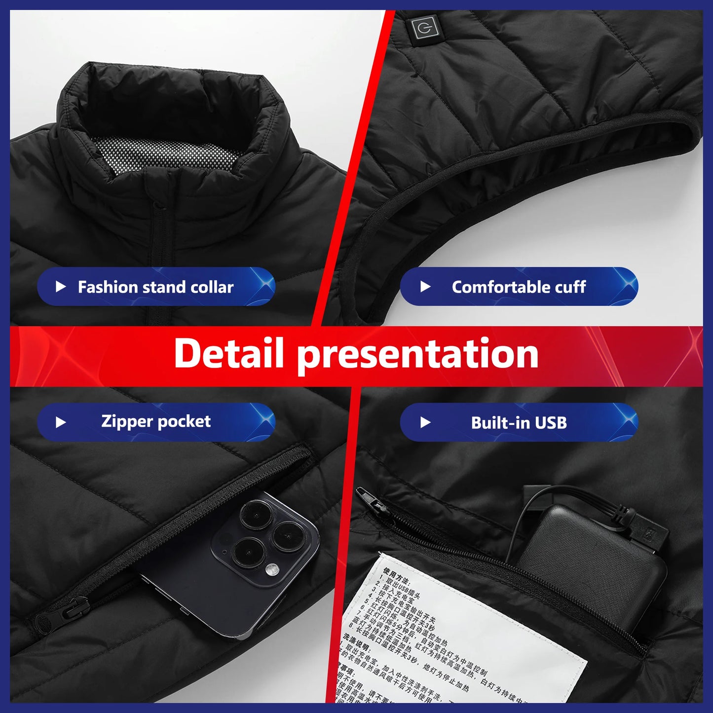 USB-Powered Heated Vest for Men and Women - Electric Heating Jacket with Adjustable Temperature for Outdoor Sports, Camping, Motorcycling, and Winter Activities - 02ALABA