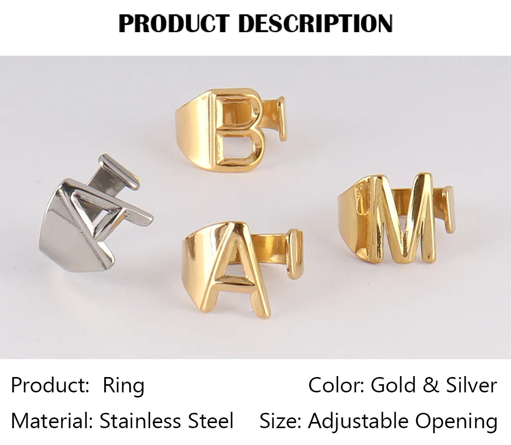 Fashion Stainless Steel Ring Letter Initial Ring Letter Rings For Women Men Open Ring Couple Alphabet Bijoux Femme Jewelry Gift