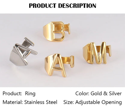 Fashion Stainless Steel Ring Letter Initial Ring Letter Rings For Women Men Open Ring Couple Alphabet Bijoux Femme Jewelry Gift