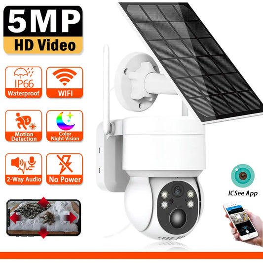 WiFi PTZ Outdoor Camera - 5MP HD, Solar-Powered, Built-in Battery, iCsee Smart Wireless Surveillance - 02ALABA